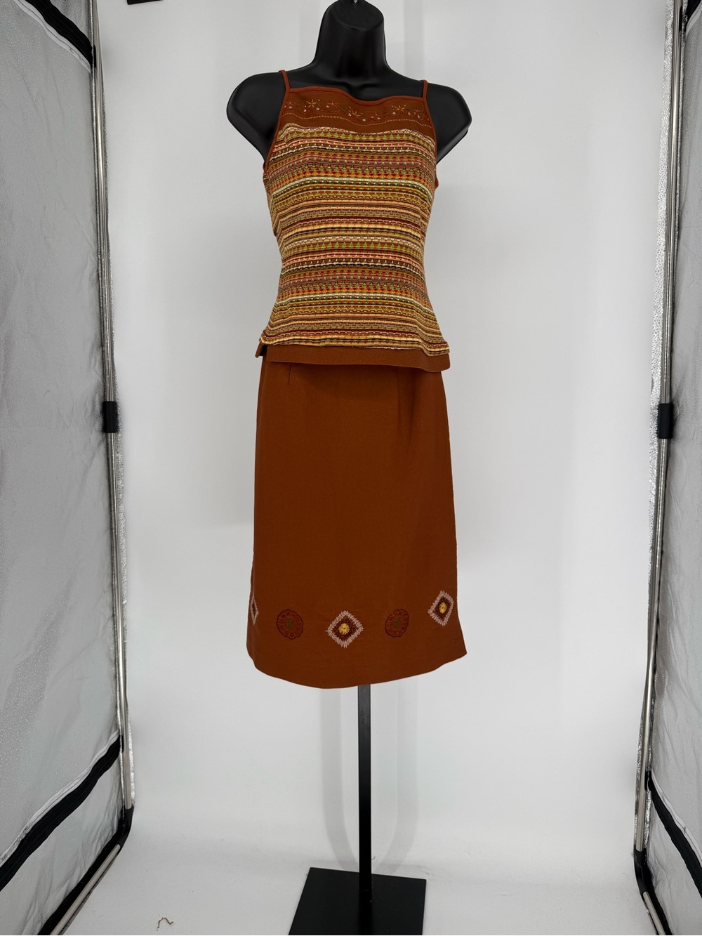 Vintage Boho Sleeveless Multi-Colored Knit Top & Brown Skirt Set size Small